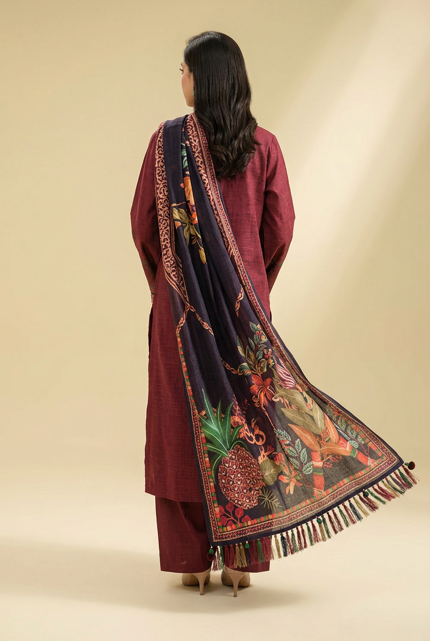 Nishat Maroon Linen Suit - Back View Model
