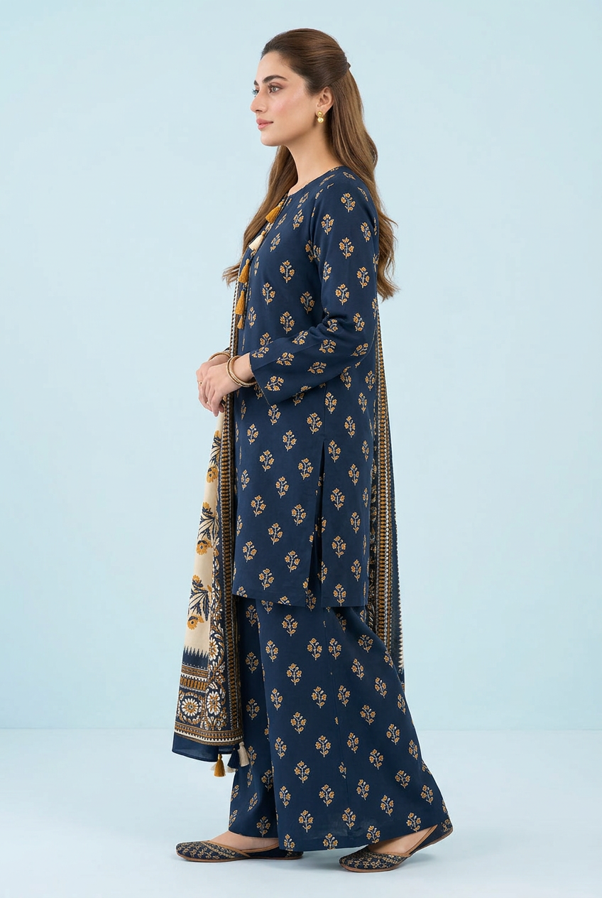 Bin Saeed Navy Blue Khaddar Suit - Side View Model