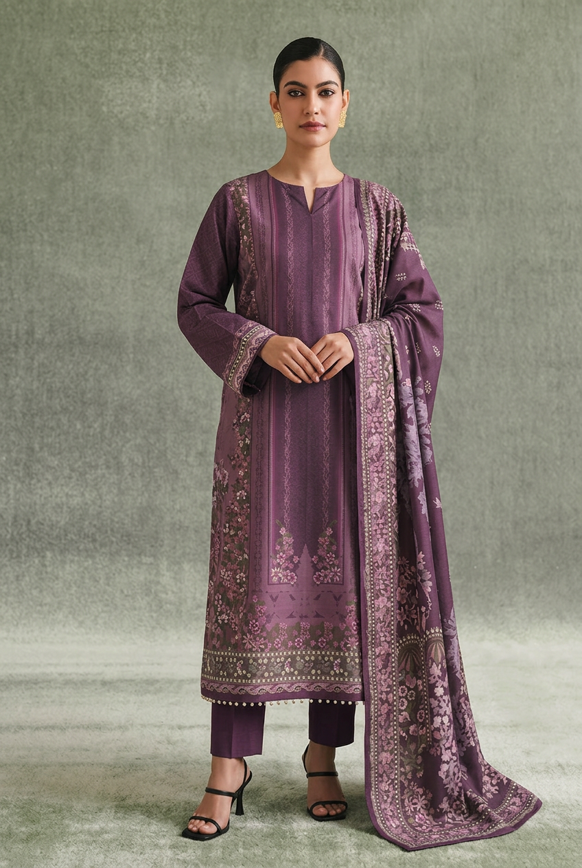 Nishat Purple Linen Suit - Front View Model
