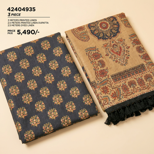 Nishat Navy Blue Linen 3-Piece Unstitched Suit | Golden Floral Camel Dupatta | Brands Store