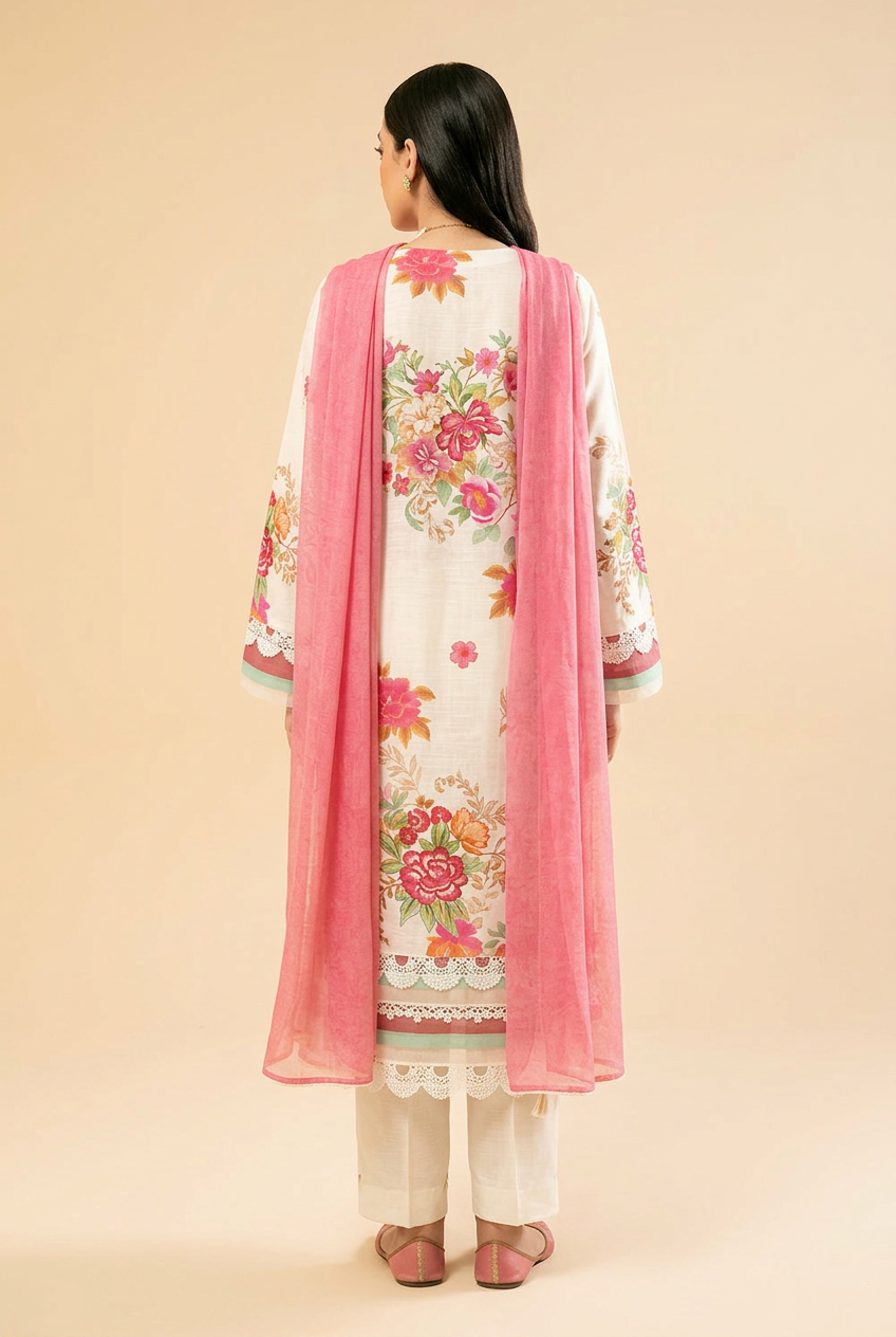 Nishat Cream Floral Linen Suit - Back View Model