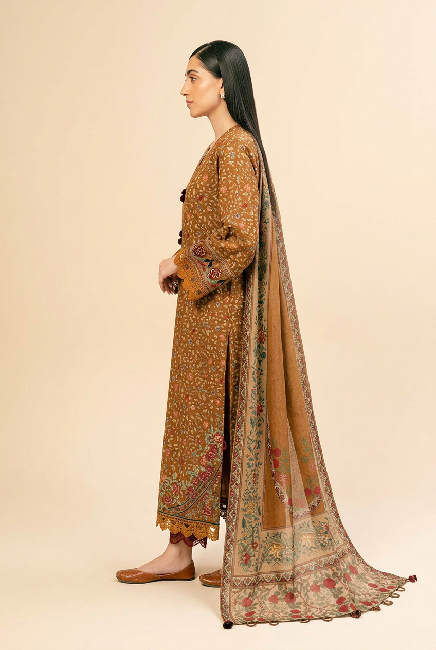 Nishat Brown Linen Suit - Side View Model