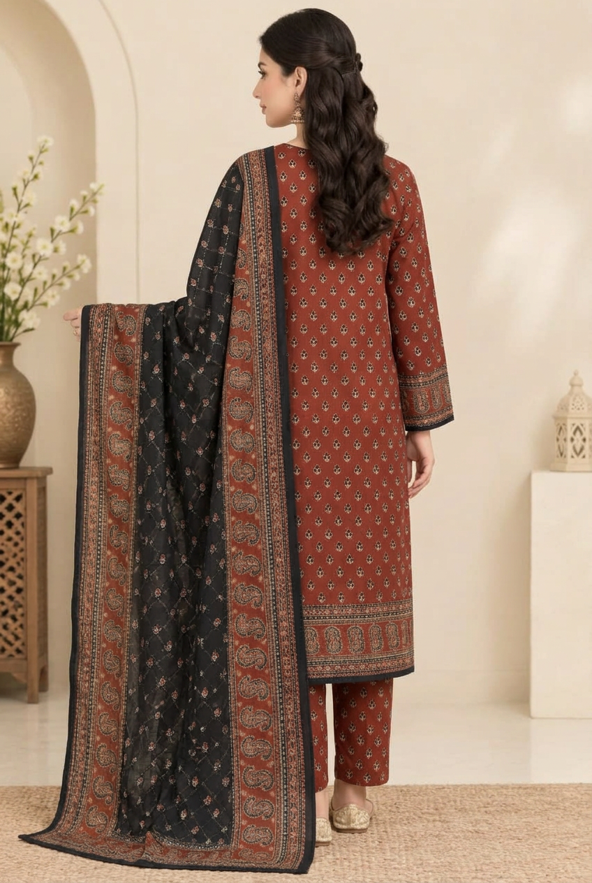 Bin Saeed 3-Piece Printed Khaddar Suit - Back View