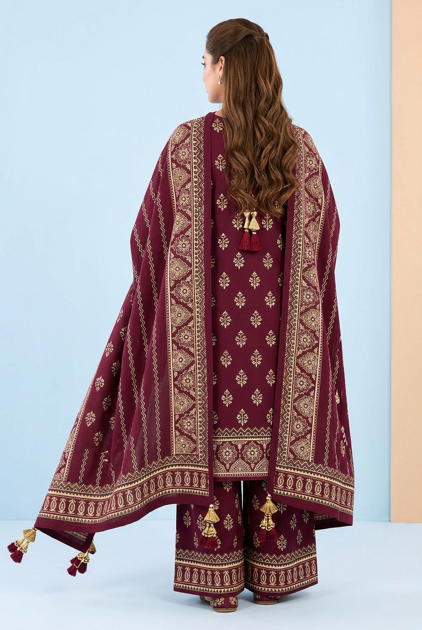 Bin Saeed Wine Khaddar Suit - Back View Model