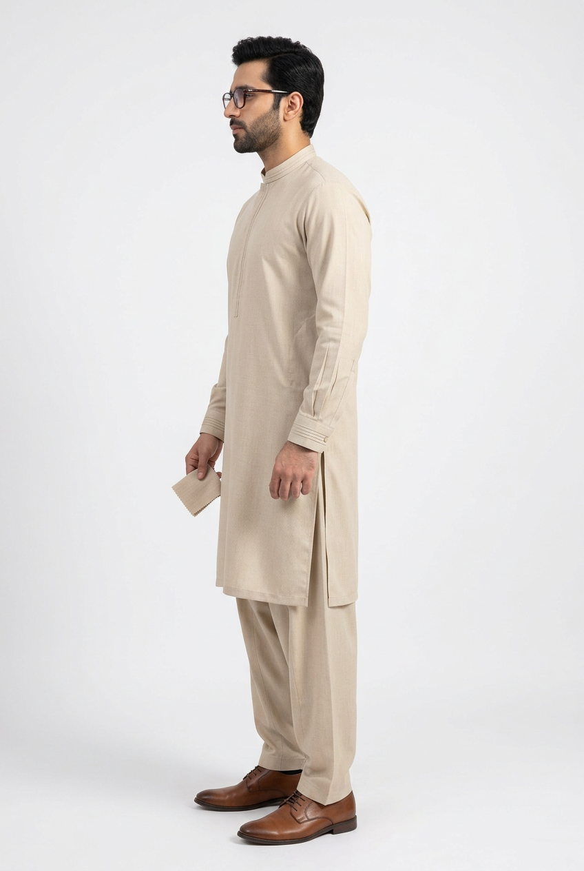Gul Ahmed Italian Toyobo Beige Shalwar Kameez - Side View