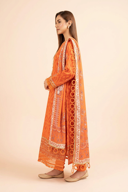 Nishat Orange Linen 3-Piece Unstitched Suit | Winter Printed Dupatta | Brands Store