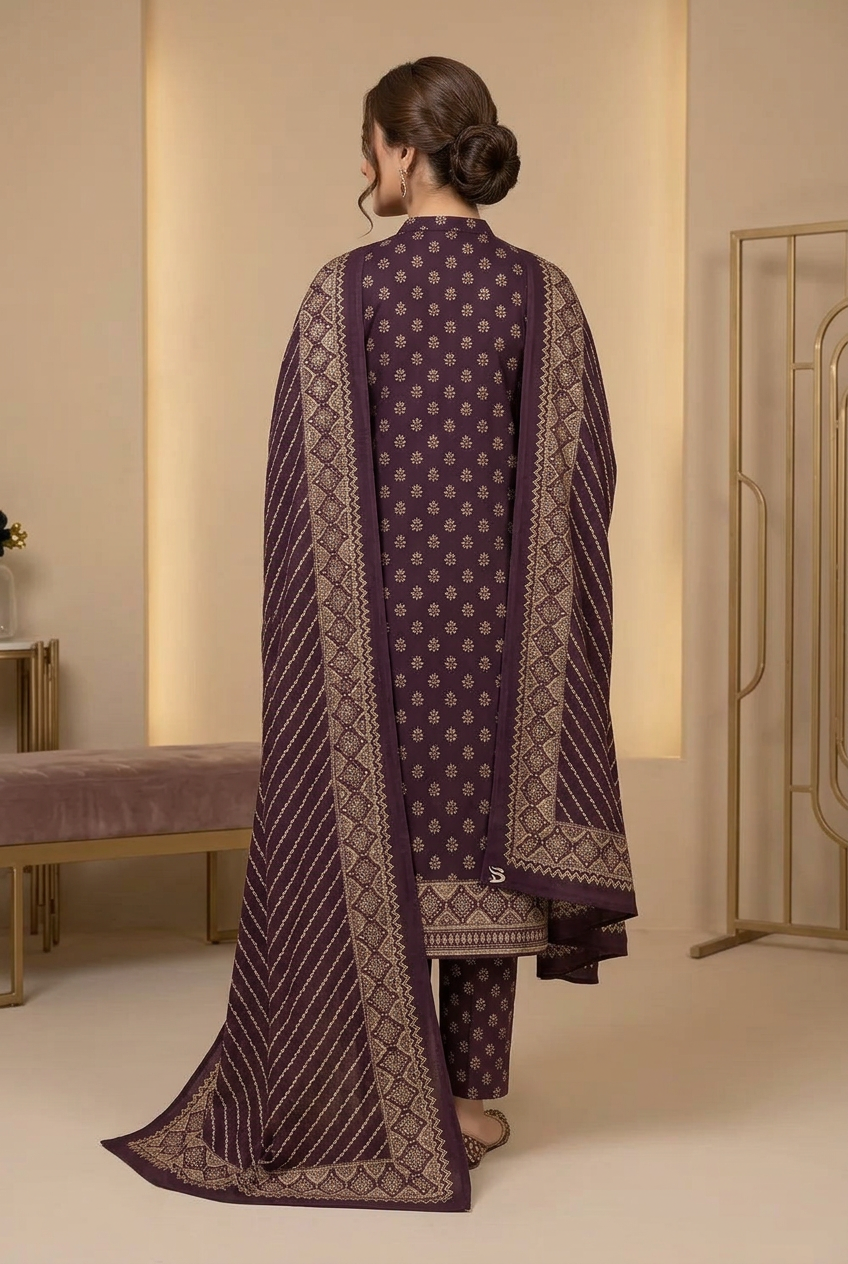 Bin Saeed Purple Khaddar Suit - Back View Model