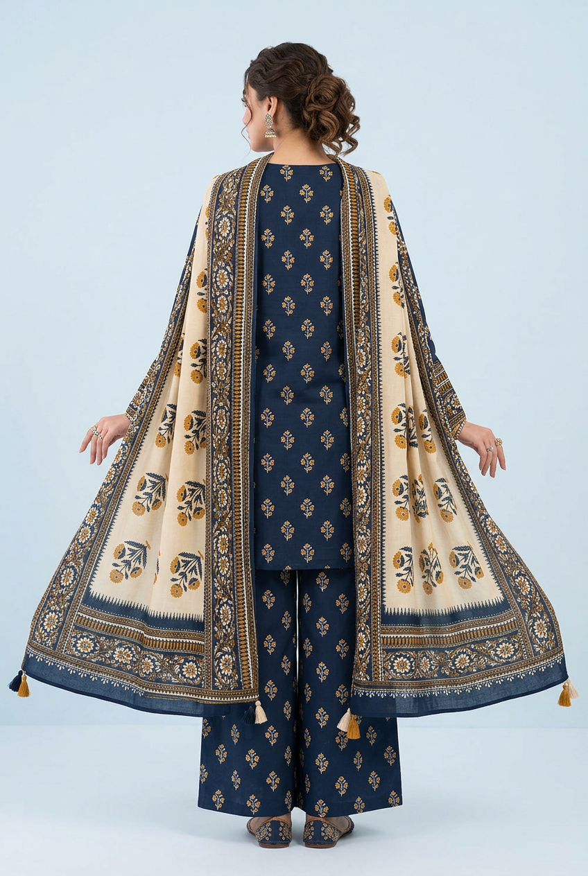 Bin Saeed Navy Blue Khaddar Suit - Back View Model