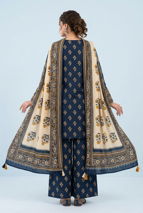 Bin Saeed Navy Blue Khaddar 3-Piece Unstitched Suit | Printed Palazzo Dupatta | Brands Store