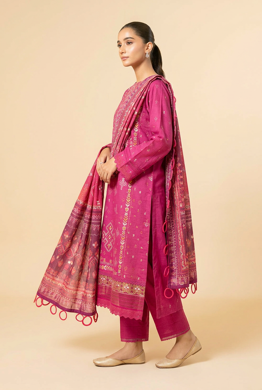 Nishat Magenta Linen Suit - Side View Model
