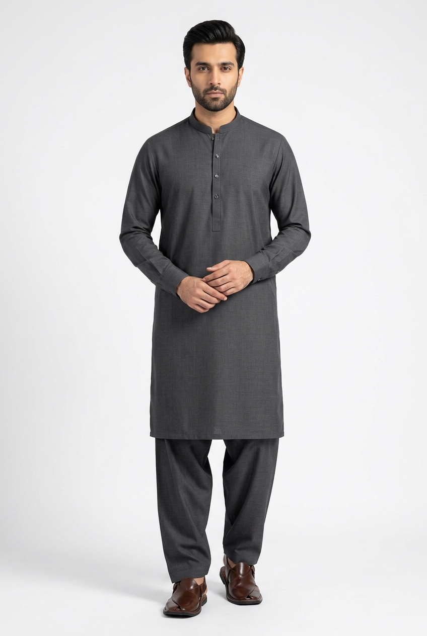 Gul Ahmed Italian Toyobo Charcoal Shalwar Kameez - Front View