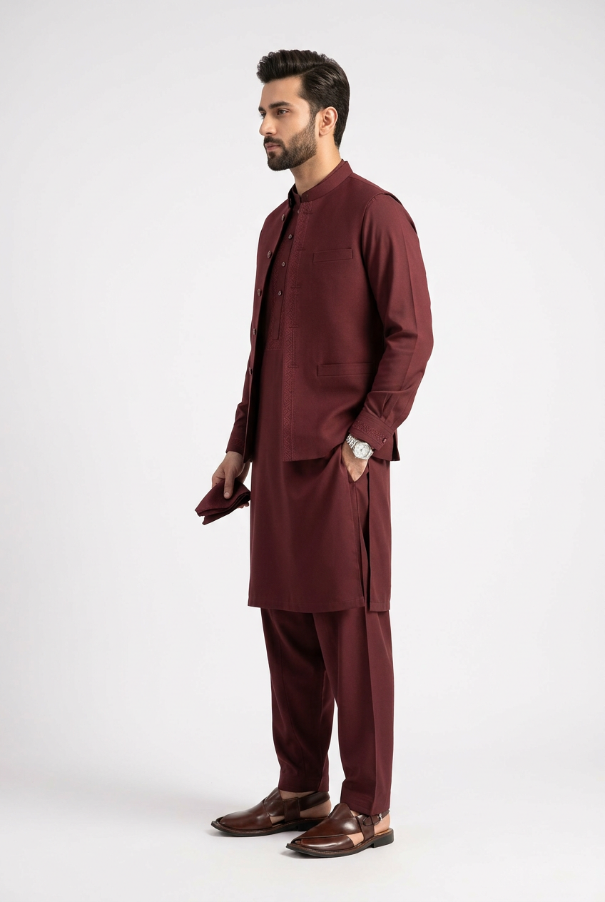 J. Junaid Jamshed Leather Stone Maroon Shalwar Kameez - Side View