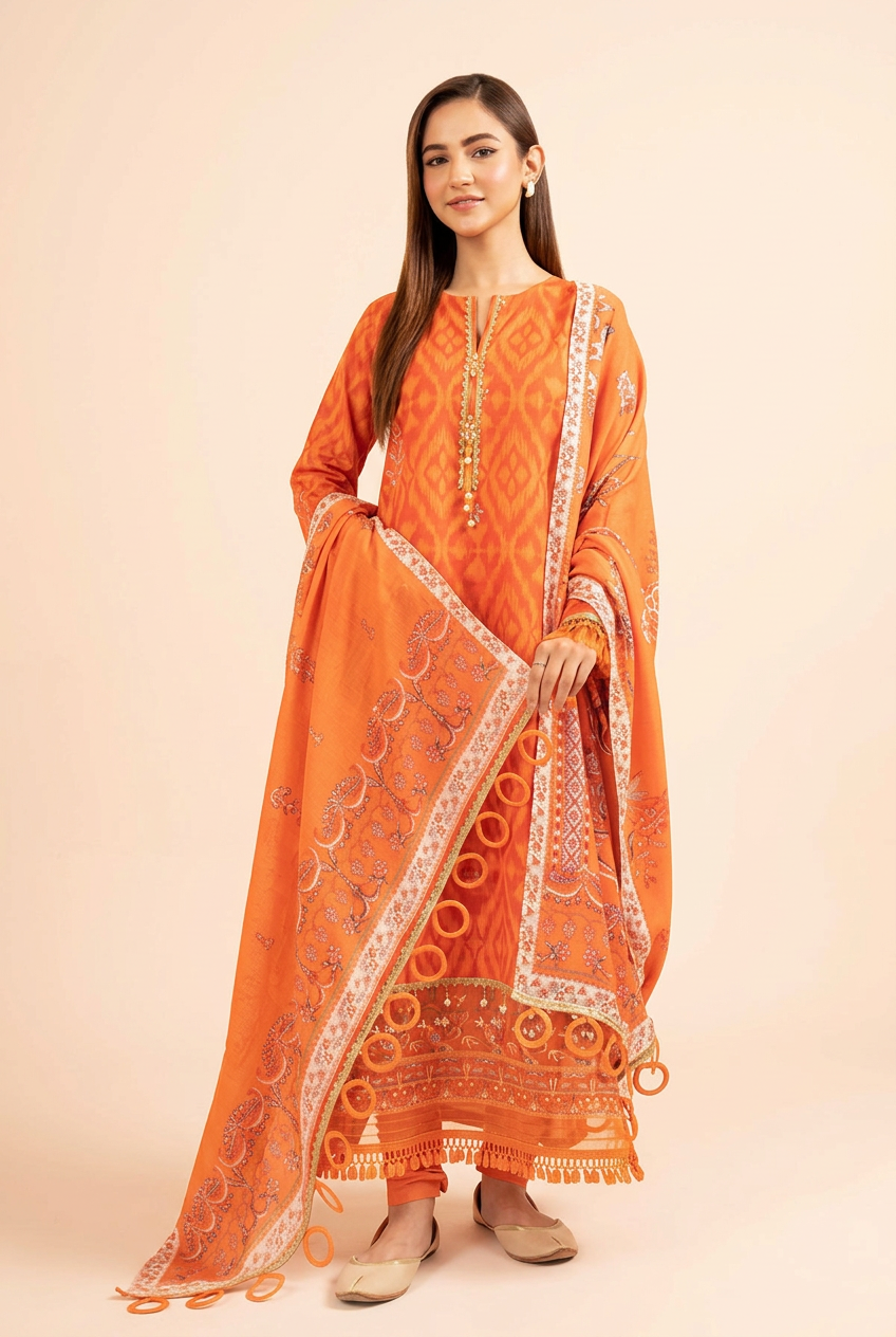 Nishat Orange Linen Suit - Front View Model