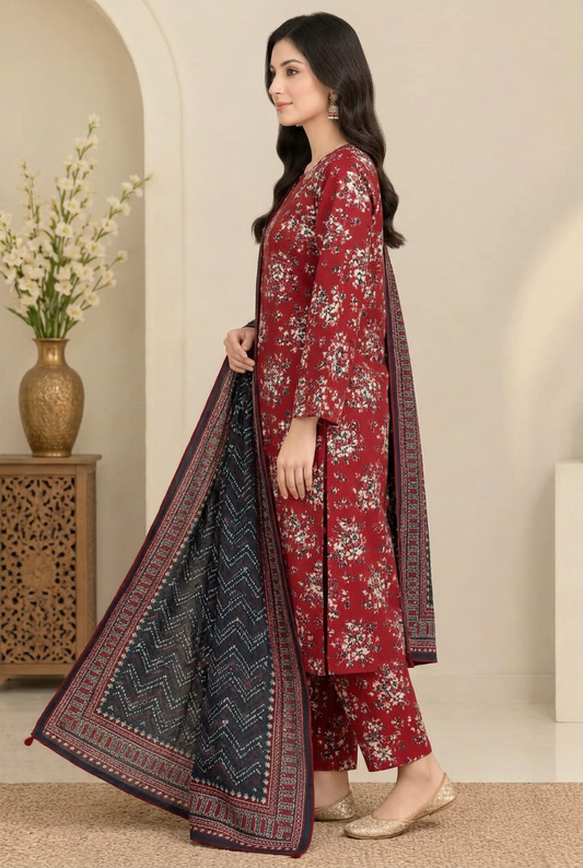 Bin Saeed 3-Piece Printed Khaddar Suit - Side View