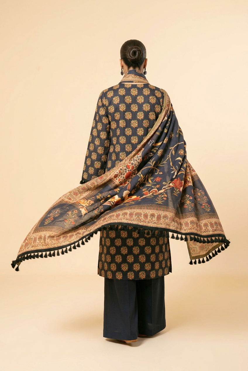 Nishat Navy Floral Linen Suit - Back View Model