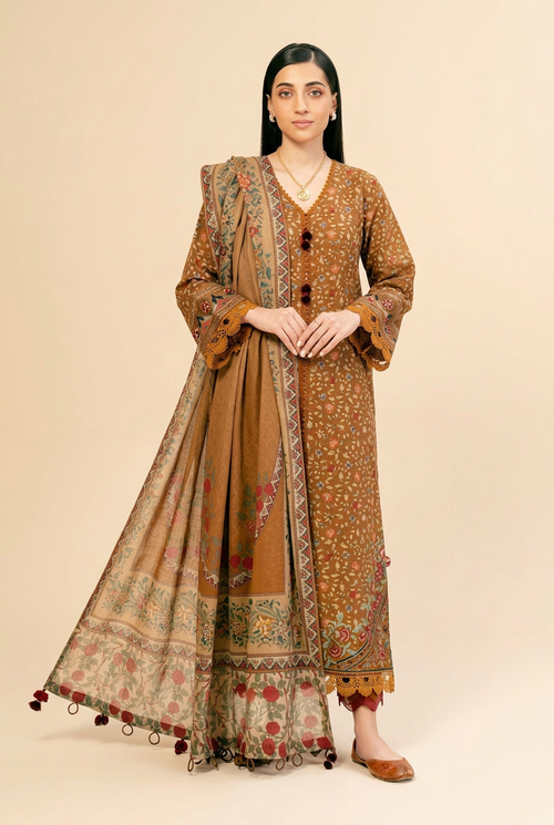 Nishat Brown Linen 3-Piece Unstitched Suit | Paisley Printed Dupatta | Brands Store