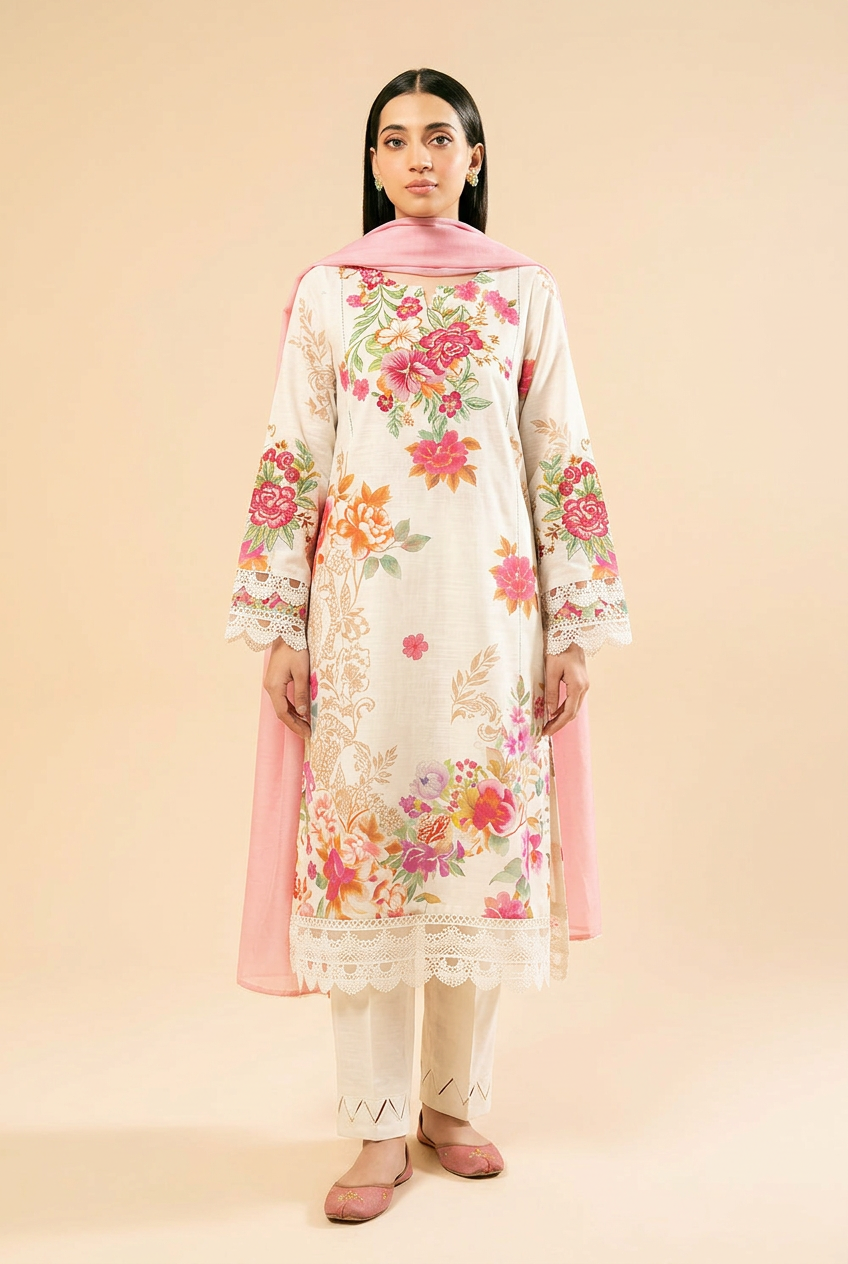 Nishat Cream Floral Linen Suit - Front View Model