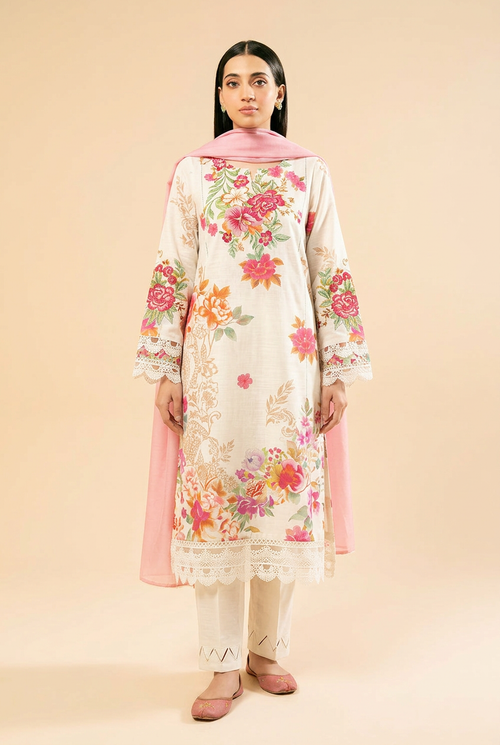 Nishat White Linen 3-Piece Unstitched Suit | Floral Printed Pink Dupatta | Brands Store