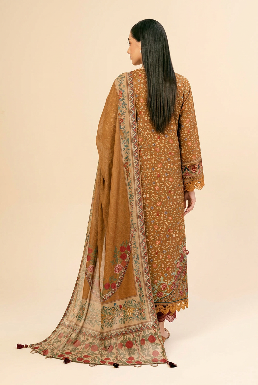 Nishat Brown Linen Suit - Back View Model