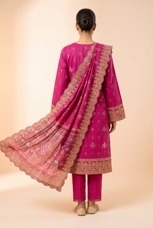Nishat Magenta Linen 3-Piece Unstitched Suit | Golden Embroidered Pink Dupatta | Brands Store