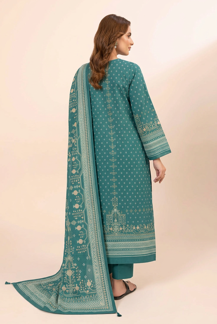 Nishat Teal Linen Suit - Back View Model