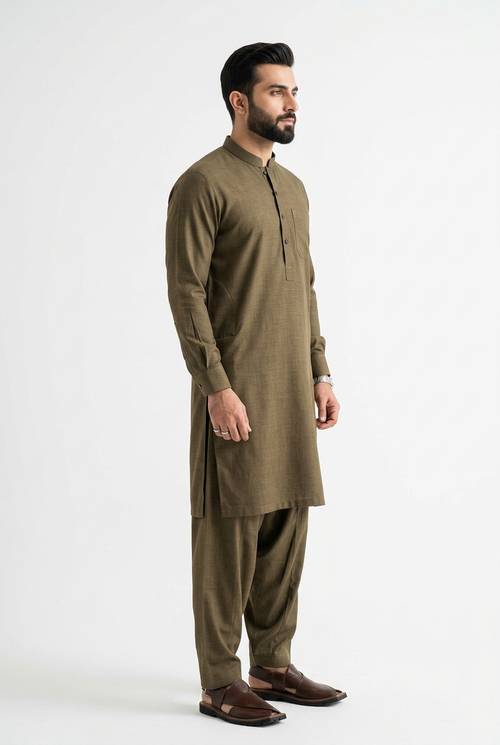 J. Junaid Jamshed Leather Stone Unstitched Suit – Olive Brown (Article #05)