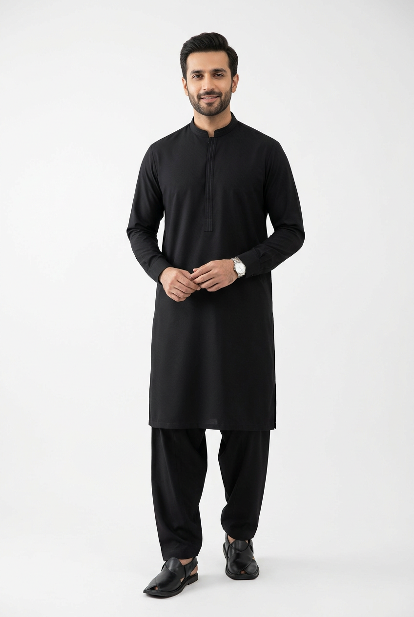 J. Junaid Jamshed Leather Stone Black Shalwar Kameez - Front View