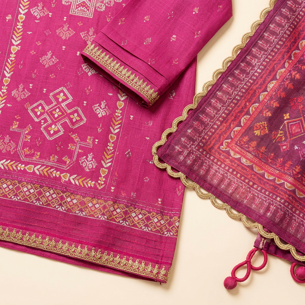 Nishat Magenta Linen Suit - Fabric Close-up
