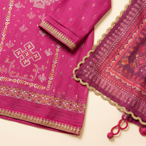 Nishat Magenta Linen 3-Piece Unstitched Suit | Golden Embroidered Pink Dupatta | Brands Store