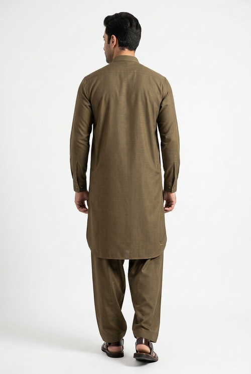 J. Junaid Jamshed Leather Stone Unstitched Suit – Olive Brown (Article #05)