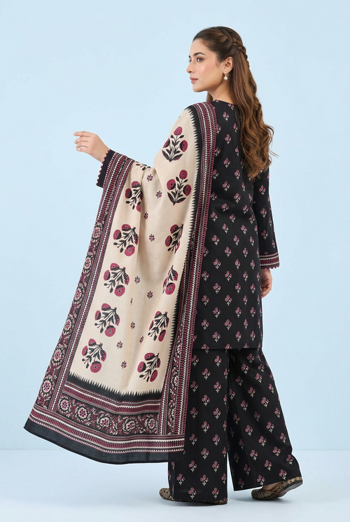 Bin Saeed Black Khaddar 3-Piece Unstitched Suit | Floral Printed Palazzo Dupatta | Brands Store