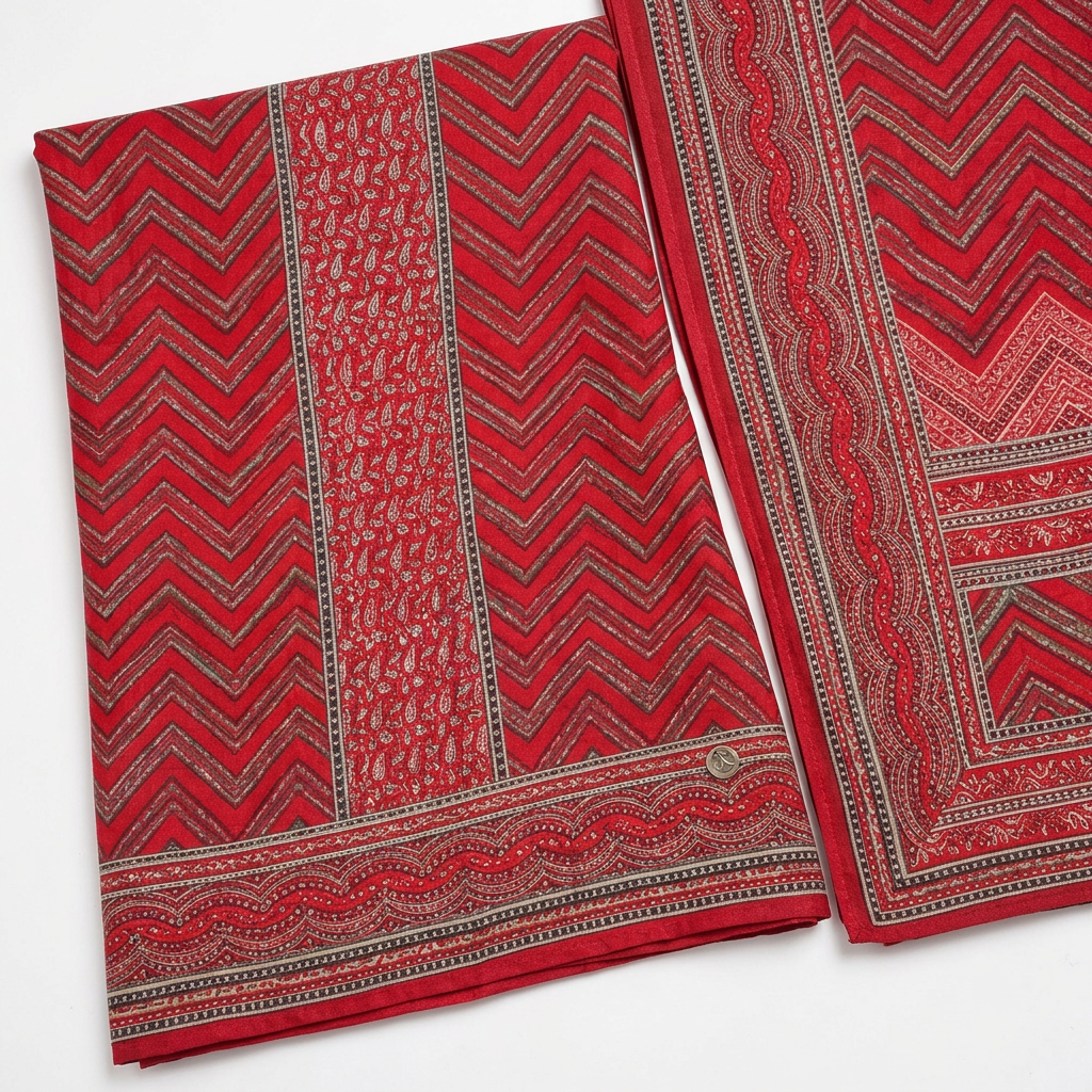 Nishat Red Chevron Linen Suit - Fabric Close-up