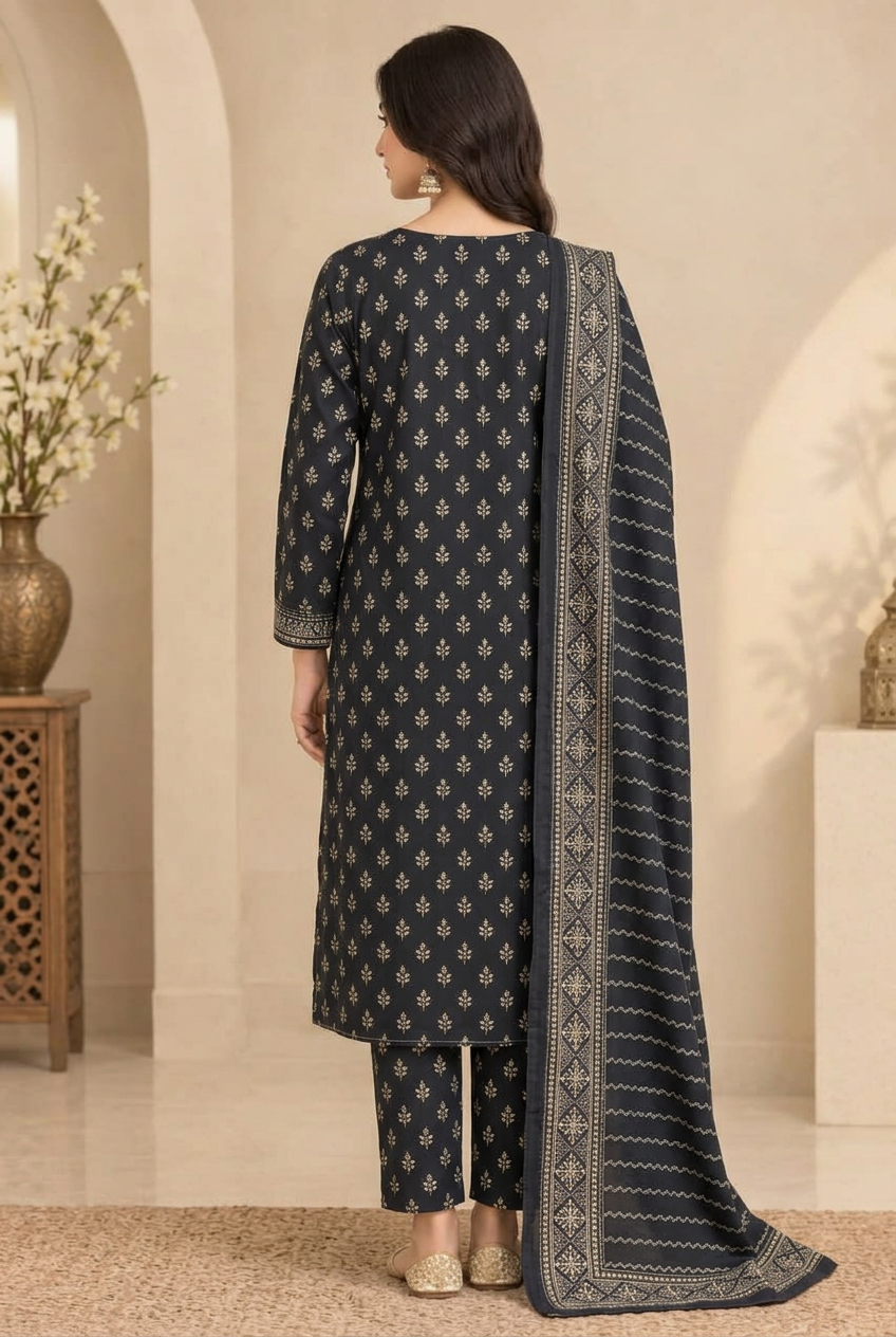 Bin Saeed 3-Piece Printed Khaddar Suit - Back View