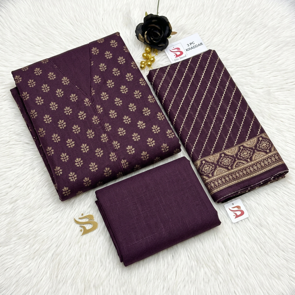 Bin Saeed Purple Khaddar Suit - Flat Lay