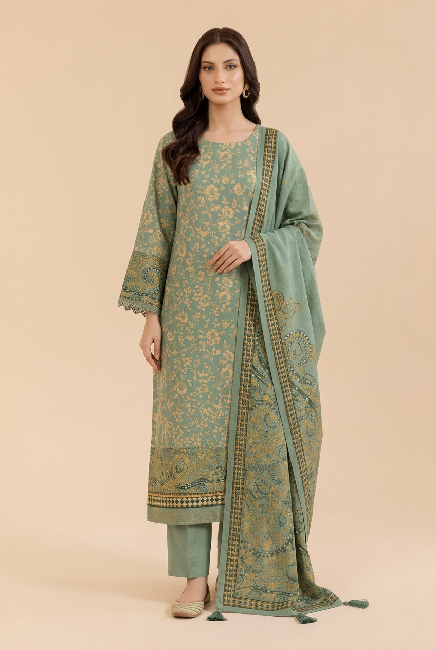Nishat Sage Green Linen Suit - Front View Model