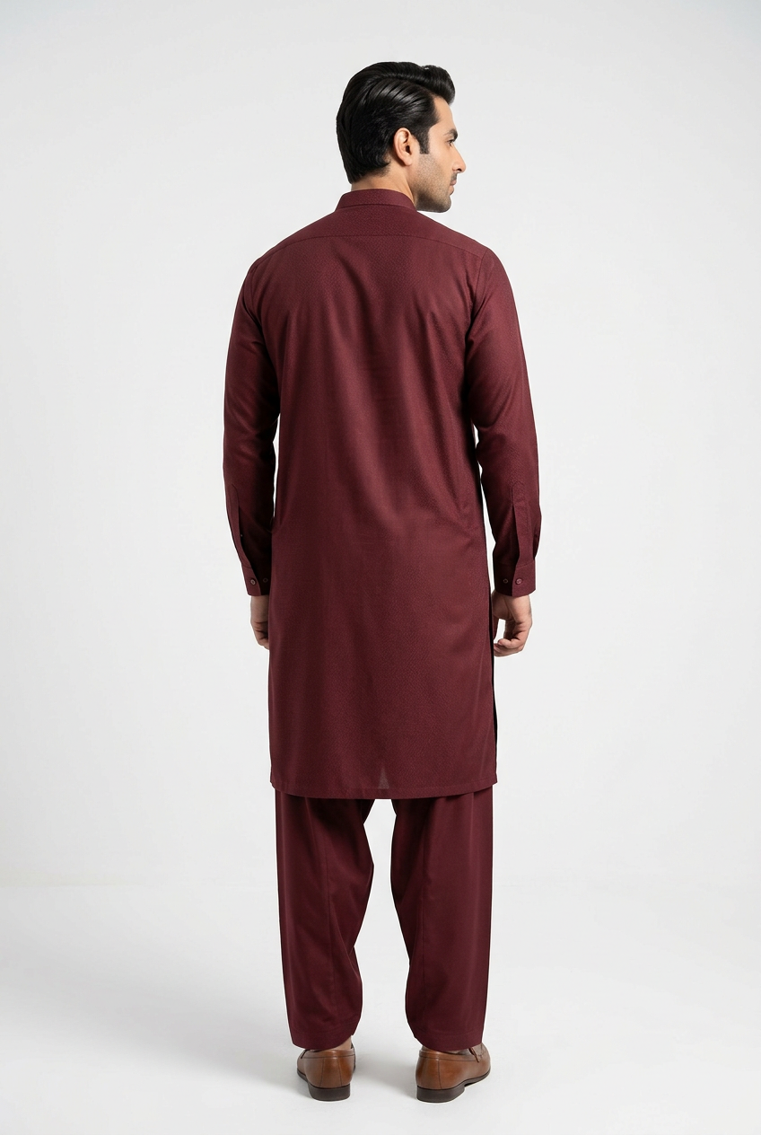 J. Junaid Jamshed Leather Stone Maroon Shalwar Kameez - Back View