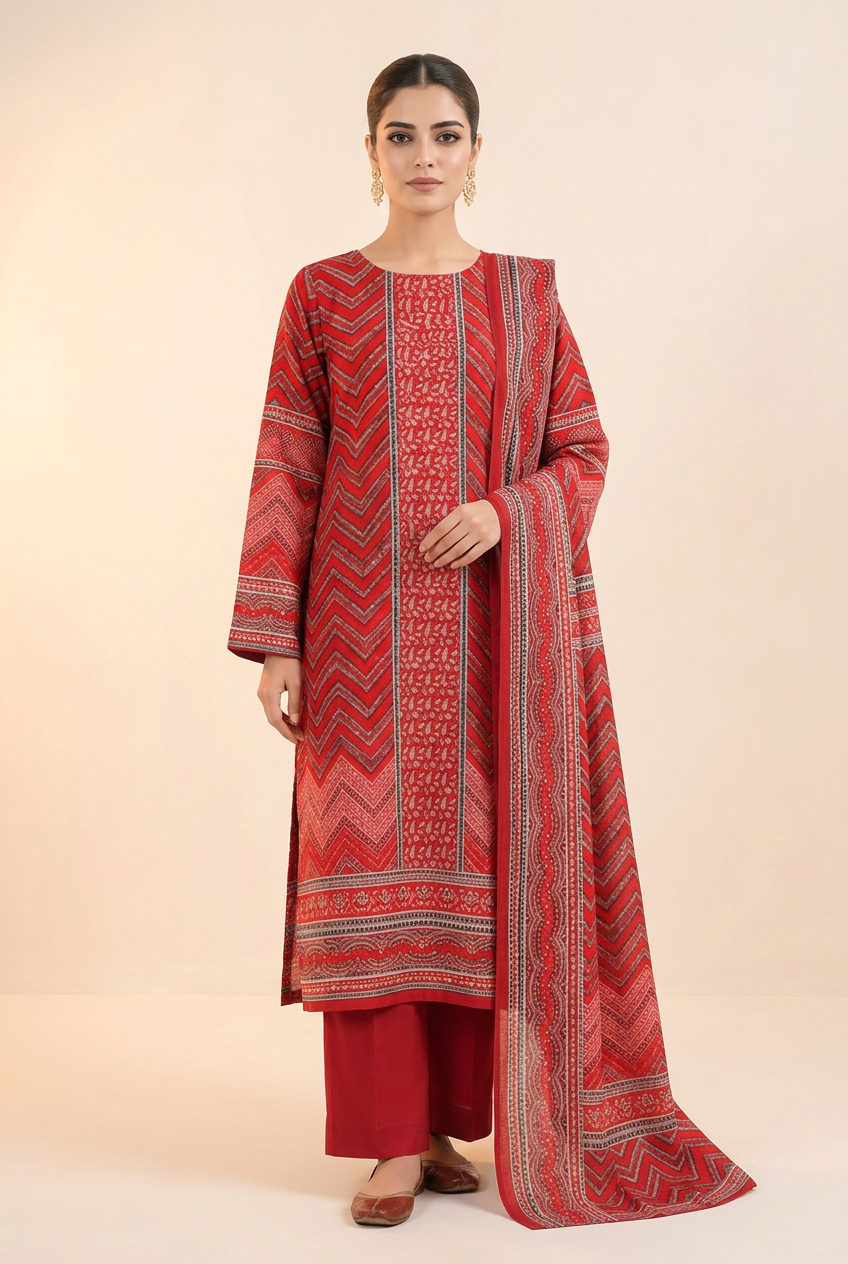 Nishat Red Chevron Linen Suit - Front View Model