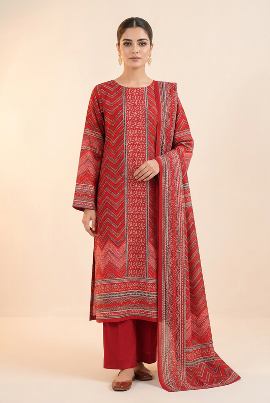Nishat Red Chevron Linen Suit - Front View Model