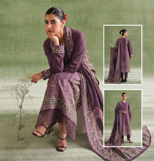Nishat Purple Linen 3-Piece Unstitched Suit | Golden Embroidered Floral Dupatta | Brands Store
